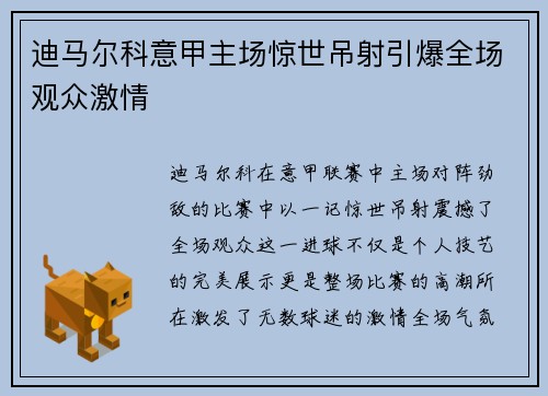 迪马尔科意甲主场惊世吊射引爆全场观众激情