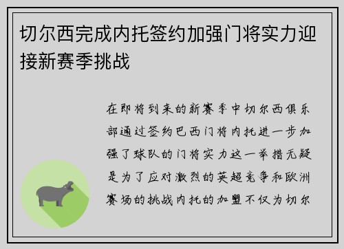 切尔西完成内托签约加强门将实力迎接新赛季挑战 切尔西完成内托签约加强门将实力迎接新赛季挑战