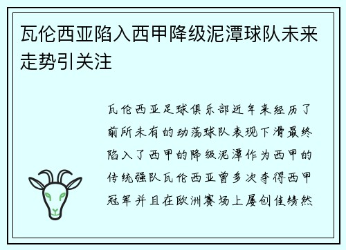 瓦伦西亚陷入西甲降级泥潭球队未来走势引关注 瓦伦西亚陷入西甲降级泥潭球队未来走势引关注