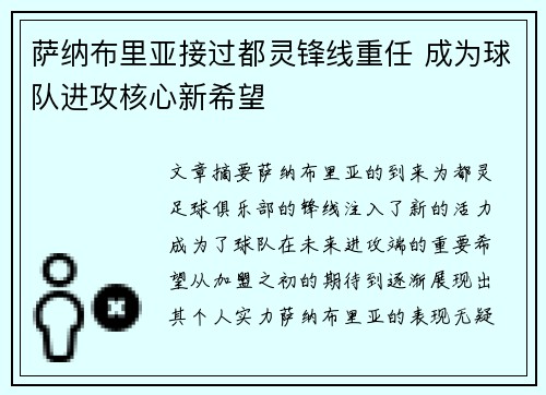 萨纳布里亚接过都灵锋线重任 成为球队进攻核心新希望