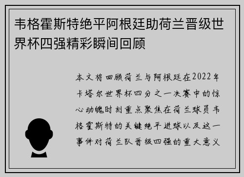 韦格霍斯特绝平阿根廷助荷兰晋级世界杯四强精彩瞬间回顾